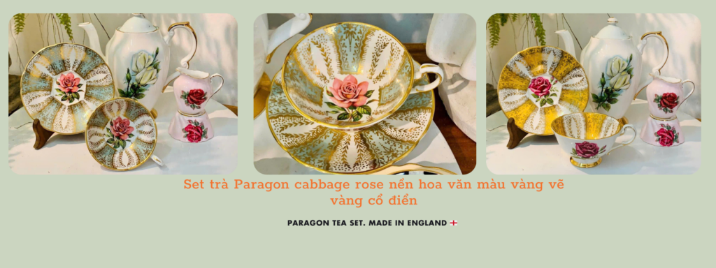 Set trà Paragon cabbage rose nền hoa văn màu vàng vẽ vàng cổ điển. Hàng Vintage Tình trạng nguyên vẹn.